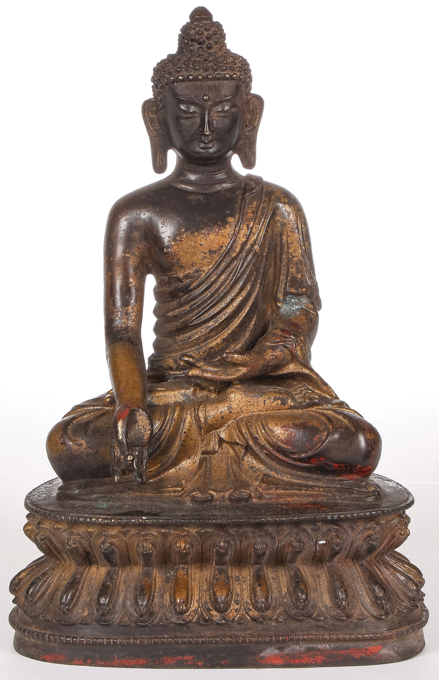 CHINESE GILT BRONZE BUDDHA: CHINESE GILT BRONZE BUDDHA. Finely sculpted with deep folds and good detail, resting on a double lotus throne, height 9.75 inches (24.8cm). SHIPPING NOTICE: If you are not using the Live Auctioneers L
