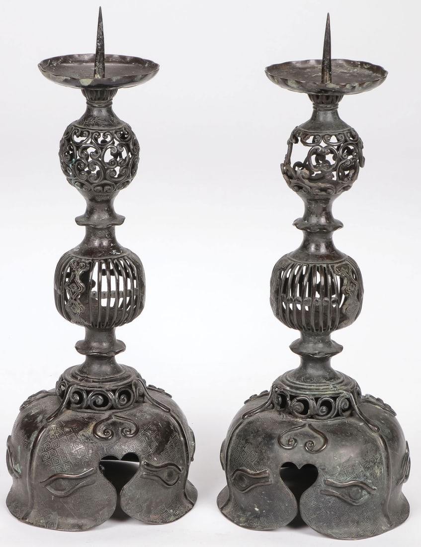 PR JAPANESE BRONZE CANDLE HOLDERS, MEIJI (1 of 4)