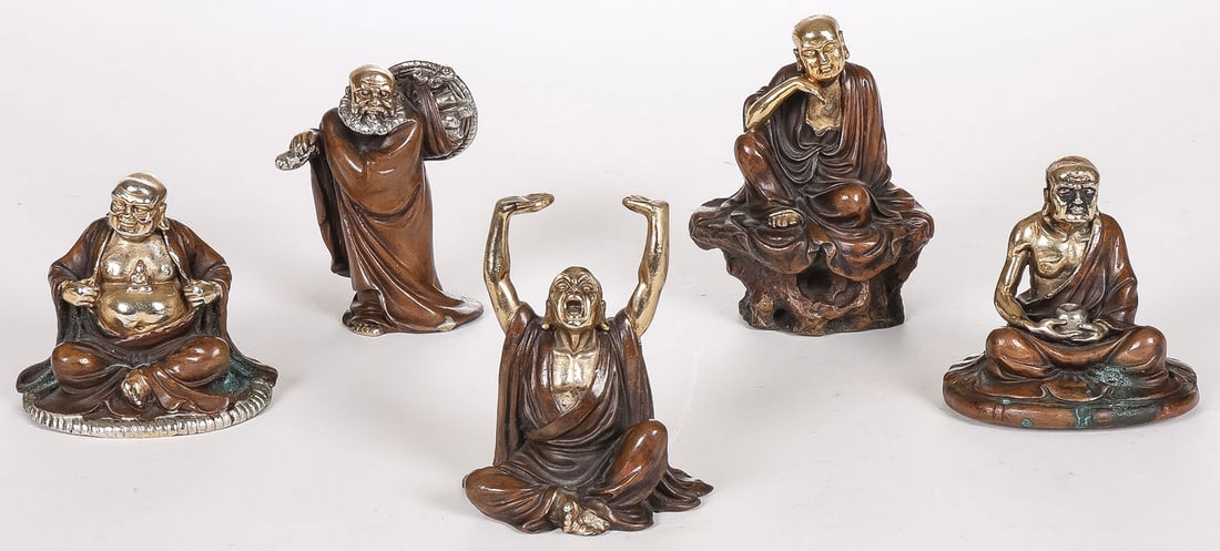 5 INTERESTING MIXED METAL BUDDHISTIC FIGURES: 5 INTERESTING MIXED METAL BUDDHISTIC FIGURES. Comprising five Japanese or Chinese finely sculpted Buddhistic figures as shown. Each realistically modeled in full round with deep folds, of good proport