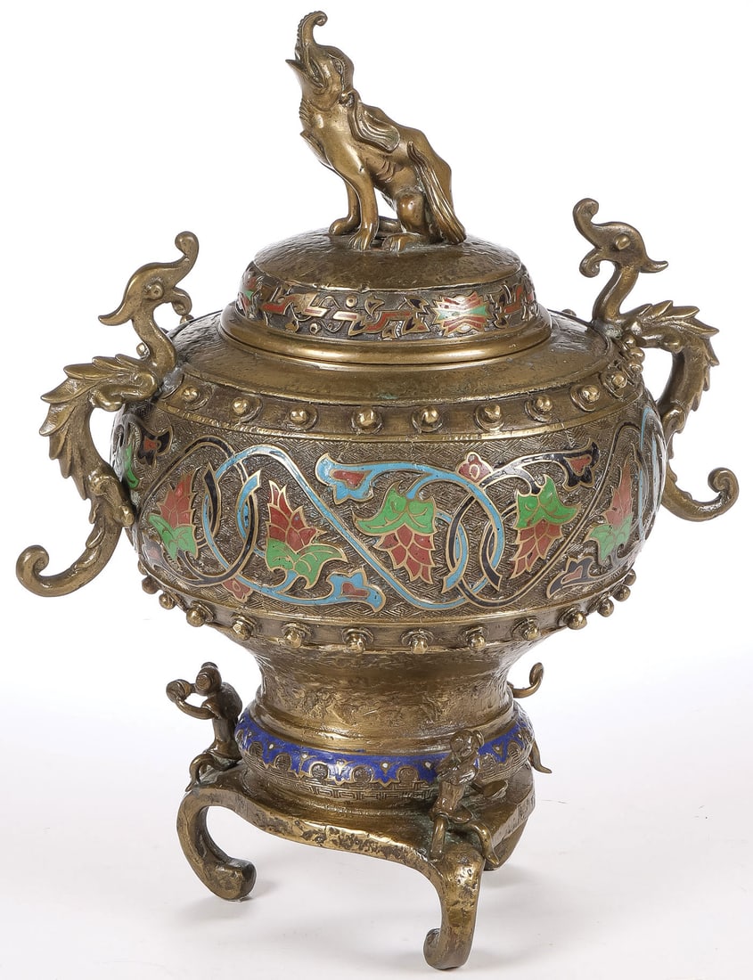 CHINESE BRONZE AND ENAMEL CENSER: CHINESE BRONZE AND ENAMEL CENSER. Of traditional form, raised on three scroll feet, mounted with musicians, the sides banded in varicolored enamel vines, with stylized dragon handles, and a fitted