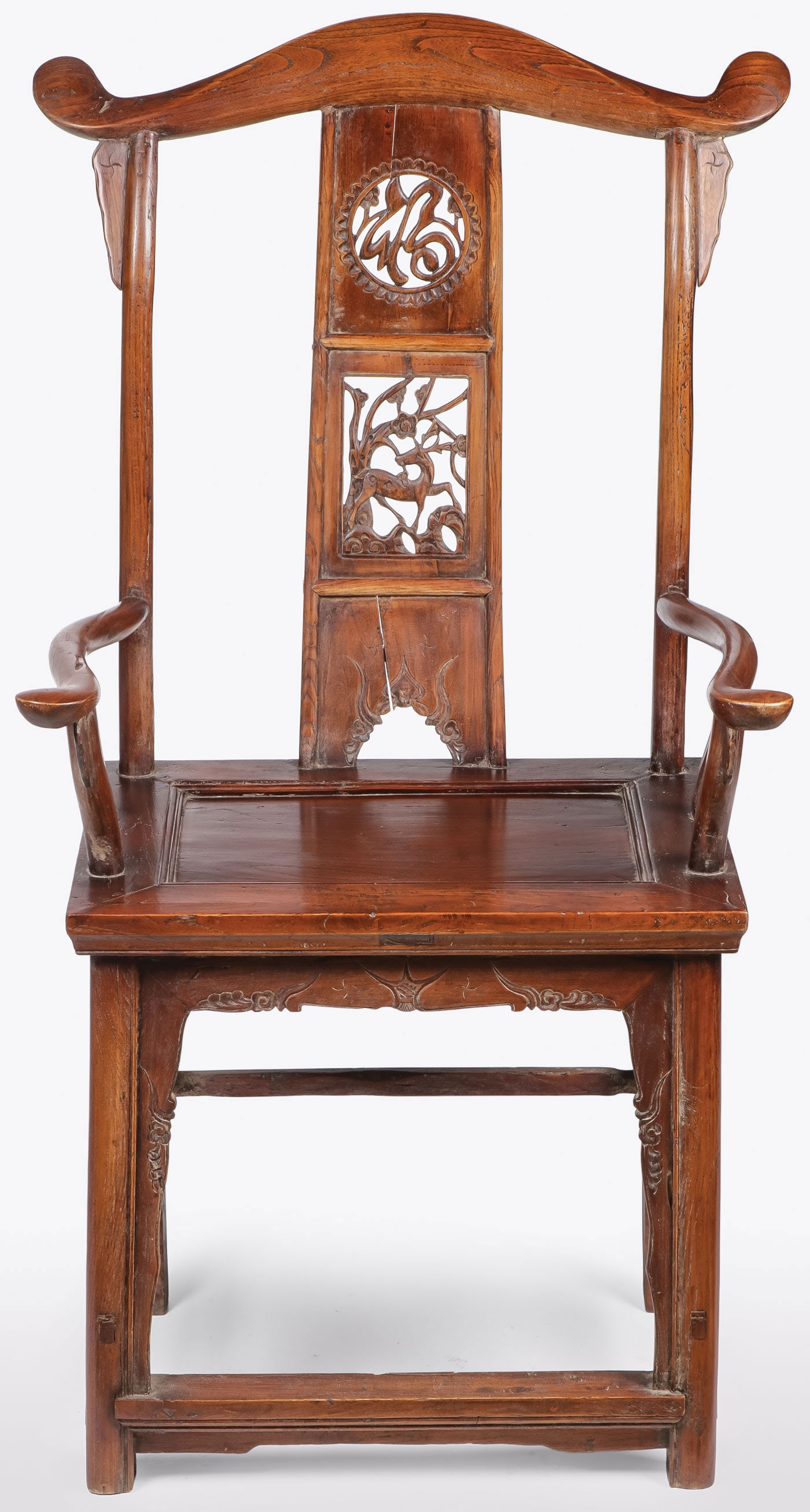 CHINESE HIGH BACK ARMCHAIR: CHINESE HIGH BACK ARMCHAIR. Finely crafted, of traditional form with pierced-carved backrest. Height 44.75 inches (113.7cm), width 24.75 inches (62.9cm), depth 17 inches (43.2cm). LOCAL PICKUP OR 3RD