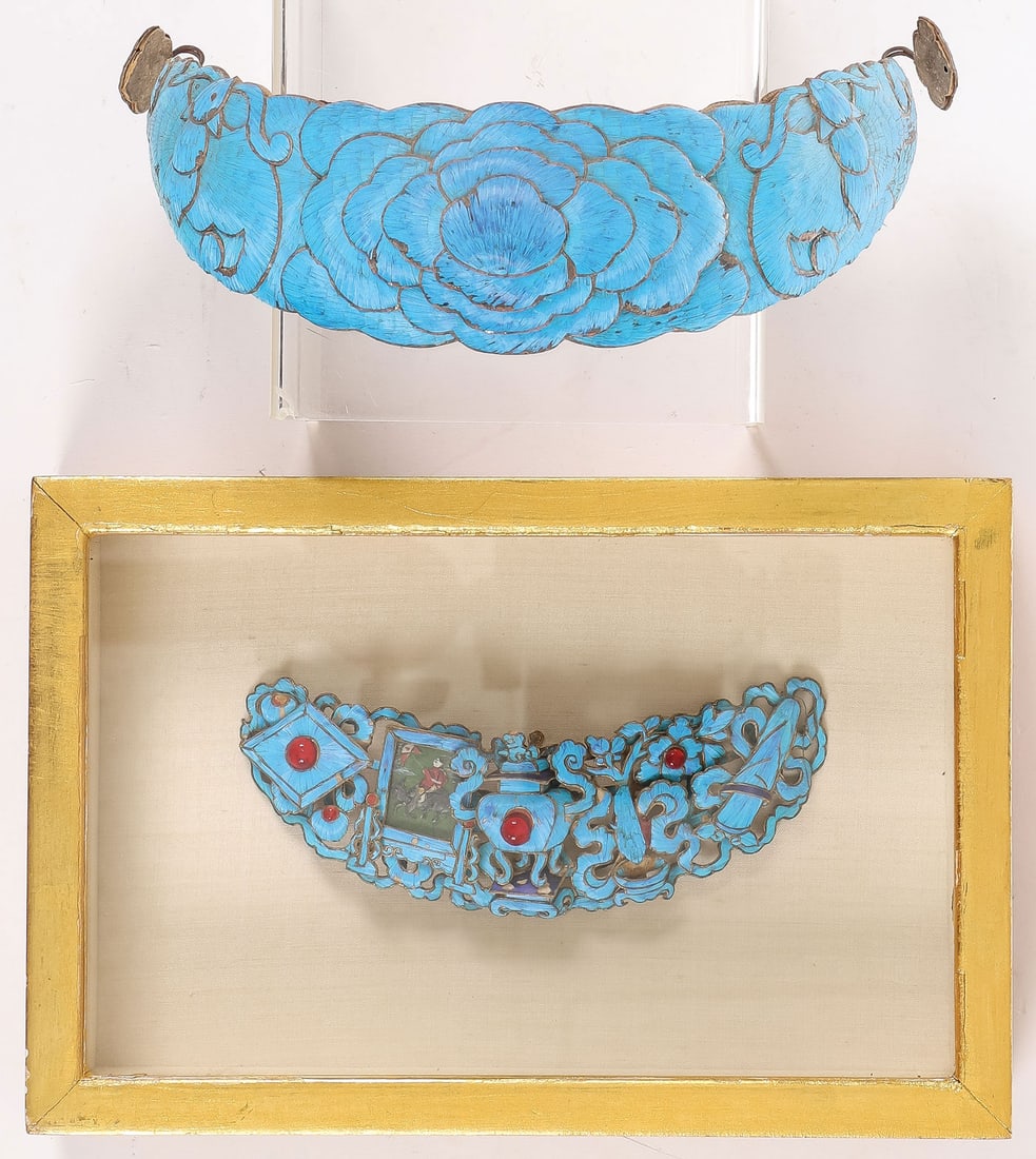 PR OF CHINESE KINGFISHER ORNAMENTS: PR OF CHINESE KINGFISHER ORNAMENTS. Comprising a fine silver-gilt pierced crescent-shaped pendant centered with a censer with foo finial and decorated with red cabochons and incorporating a miniature 