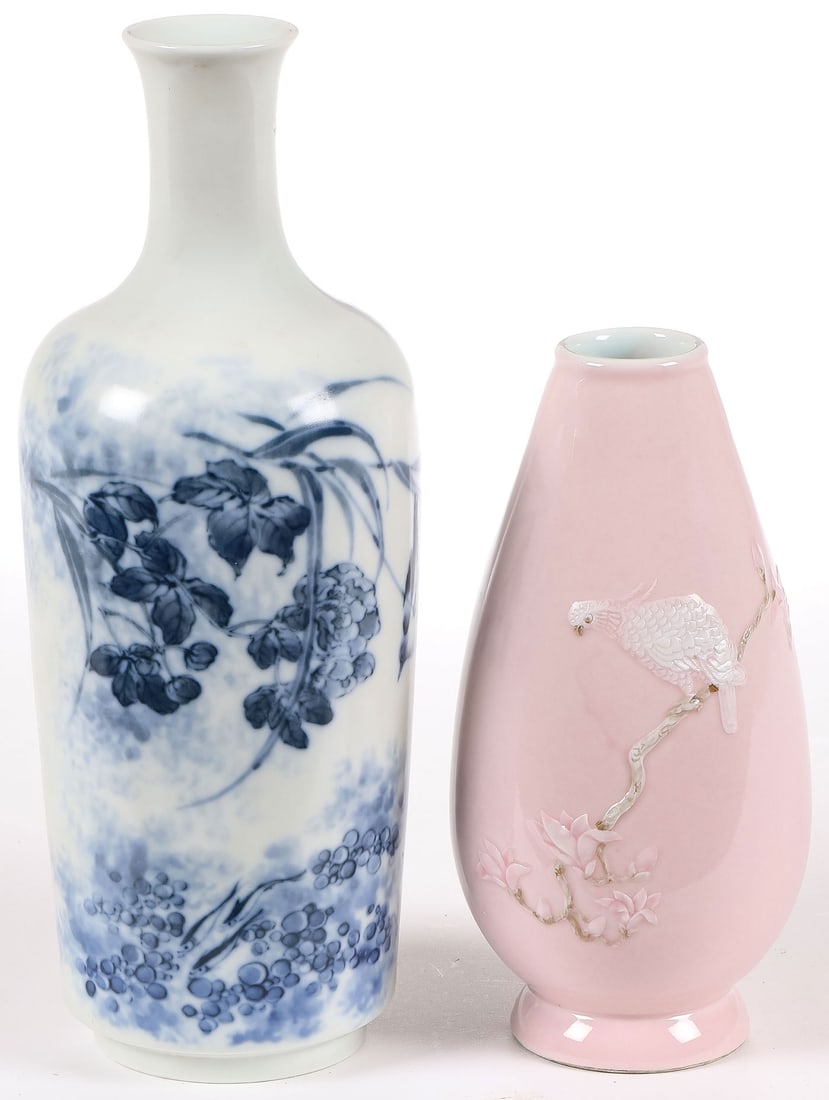 PR OF FINE CHINESE PORCELAIN VASES: PR OF FINE CHINESE PORCELAIN VASES. Comprising a Wang Bu blue and white bird and flower decorated lantern vase, underside displaying blue underglaze six-character mark, Studio of Wenyun Wuguo Zhai, he
