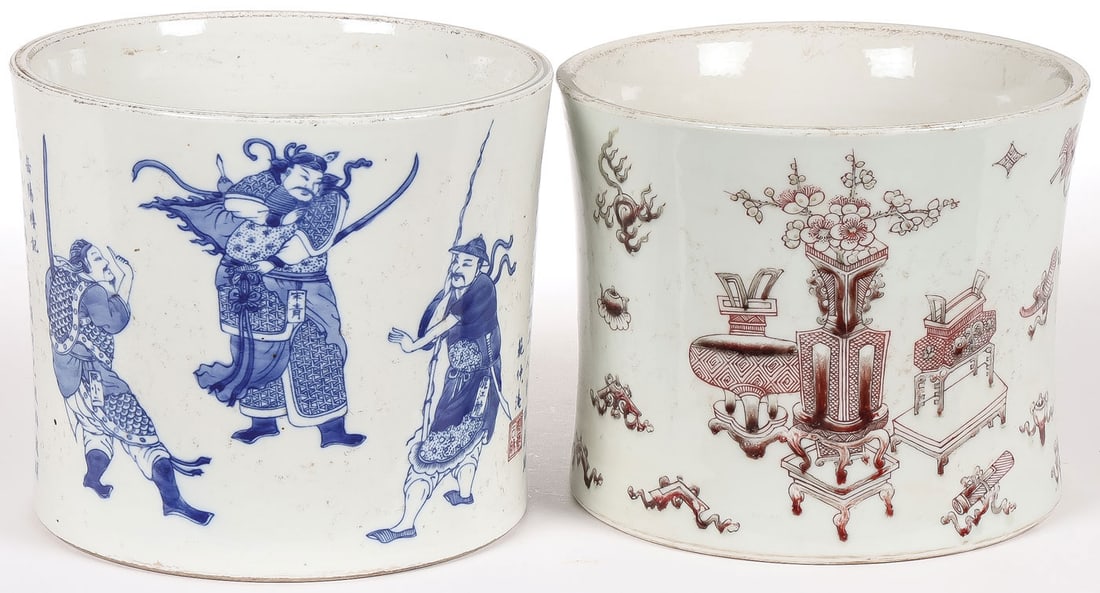 PR CHINESE DECORATED BRUSH POTS: PR CHINESE DECORATED BRUSH POTS. Comprising a blue and white brush pot extensively decorated with scenes and text from Peach Blossom Spring and Wushuangpu, the underside displaying blue underglaze 8-c