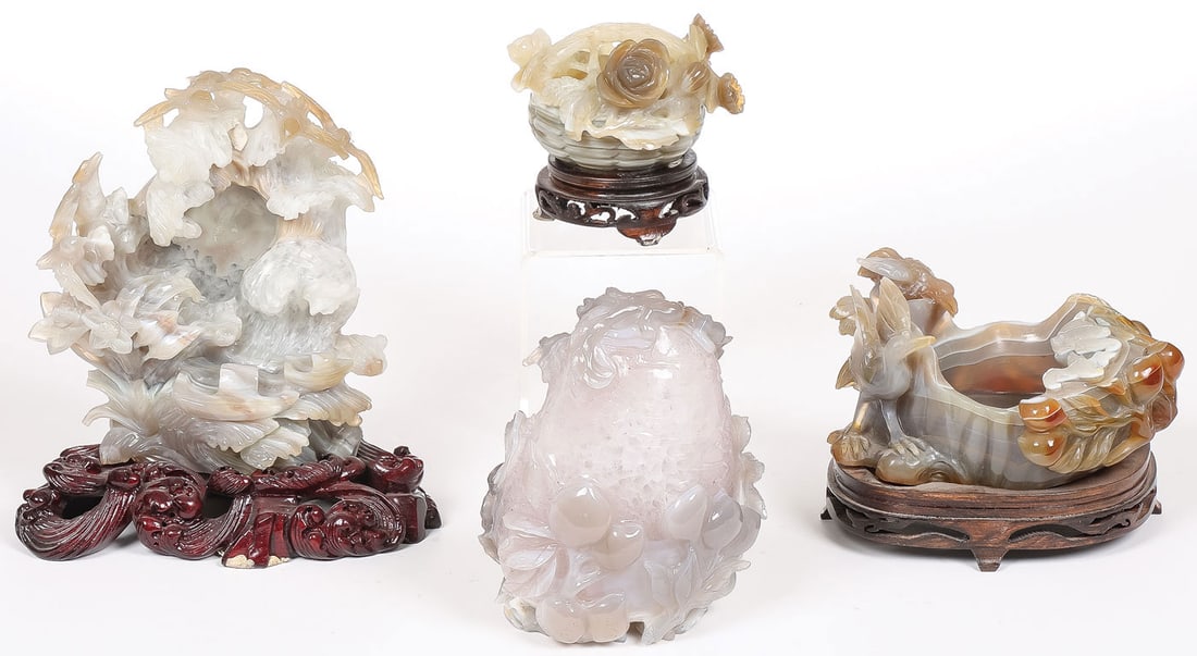 4 CHINESE CARVED JADE GROUPS: 4 CHINESE CARVED JADE GROUPS. Comprising four finely carved jade groupings, including a large group carved with crashing waves, two boats, florals, and seagulls on a carved wood stand; a carved jade b