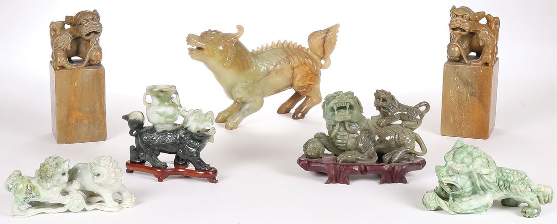 7 CHINESE CARVED JADE & HARDSTONE FOO-LIONS (1 of 3)