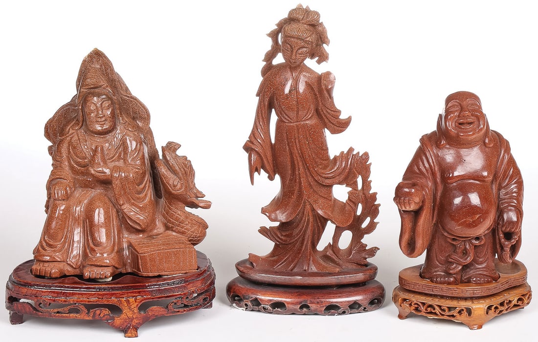 3 CHINESE CARVED GOLDSTONE FIGURES: 3 CHINESE CARVED GOLDSTONE FIGURES. Comprising a seated Lohan with dragon, a standing Buddha, and a maiden (missing left hand). Each finely carved in full round, with good detail, the Buddha with open