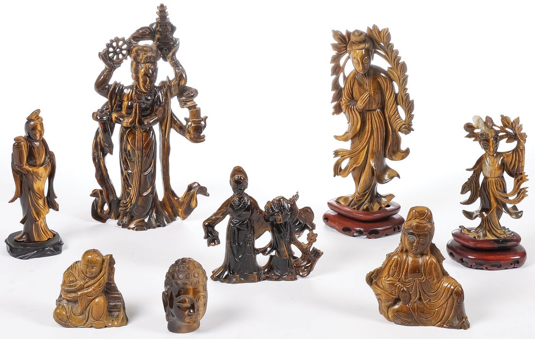 8 CHINESE CARVED TIGER'S EYE FIGURES (1 of 2)