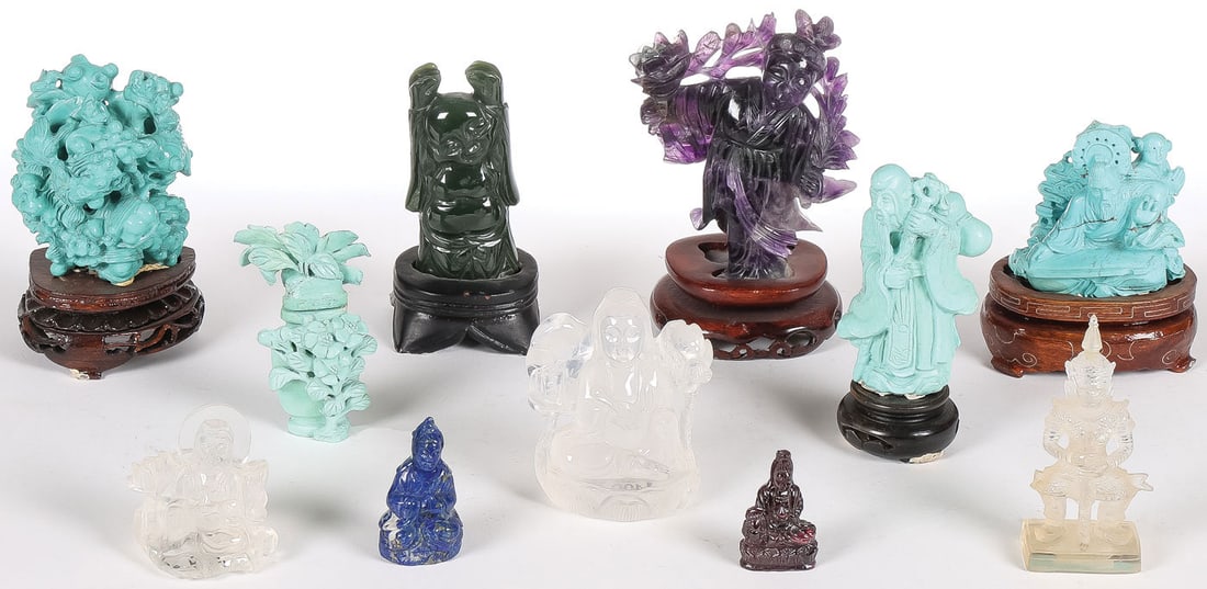 11 CHINESE CARVED TURQUOISE & HARDSTONE PIECES: 11 CHINESE CARVED TURQUOISE & HARDSTONE PIECES. Comprising a good group of 11 Chinese carved turquoise, jade, citrine, rock crystal, and amethyst figures. Including a finely carved turquoise scholar