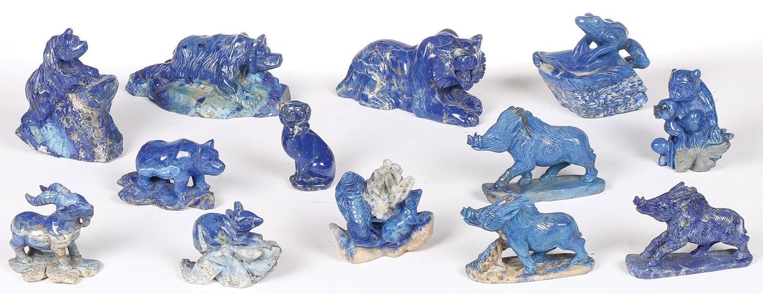 13 CHINESE CARVED LAPIS LAZULI ANIMALS: 13 CHINESE CARVED LAPIS LAZULI ANIMALS. Comprising a good group of thirteen individually carved lapis lazuli animal figures, including a recumbent lion, a recumbent bear, a monkey, a frog, three