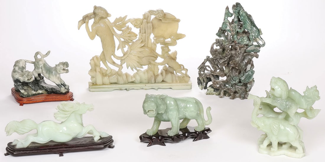 CHINESE CARVED JADE & HARDSTONE GROUP: CHINESE CARVED JADE & HARDSTONE GROUP. Comprising six individual pieces including a large carved jade group of foo lions and elephant, and other animals climbing a lidded urn, a carved jade group of f