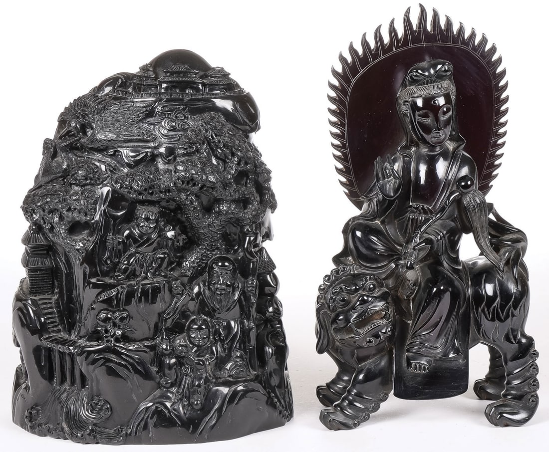 PR CHINESE CARVED FIGURAL GROUPINGS: PR CHINESE CARVED FIGURAL GROUPINGS. Comprising a finely carved mountainous village scene with various figures, animals, and a staircase leading to a mountaintop temple. Finely and deeply carved in