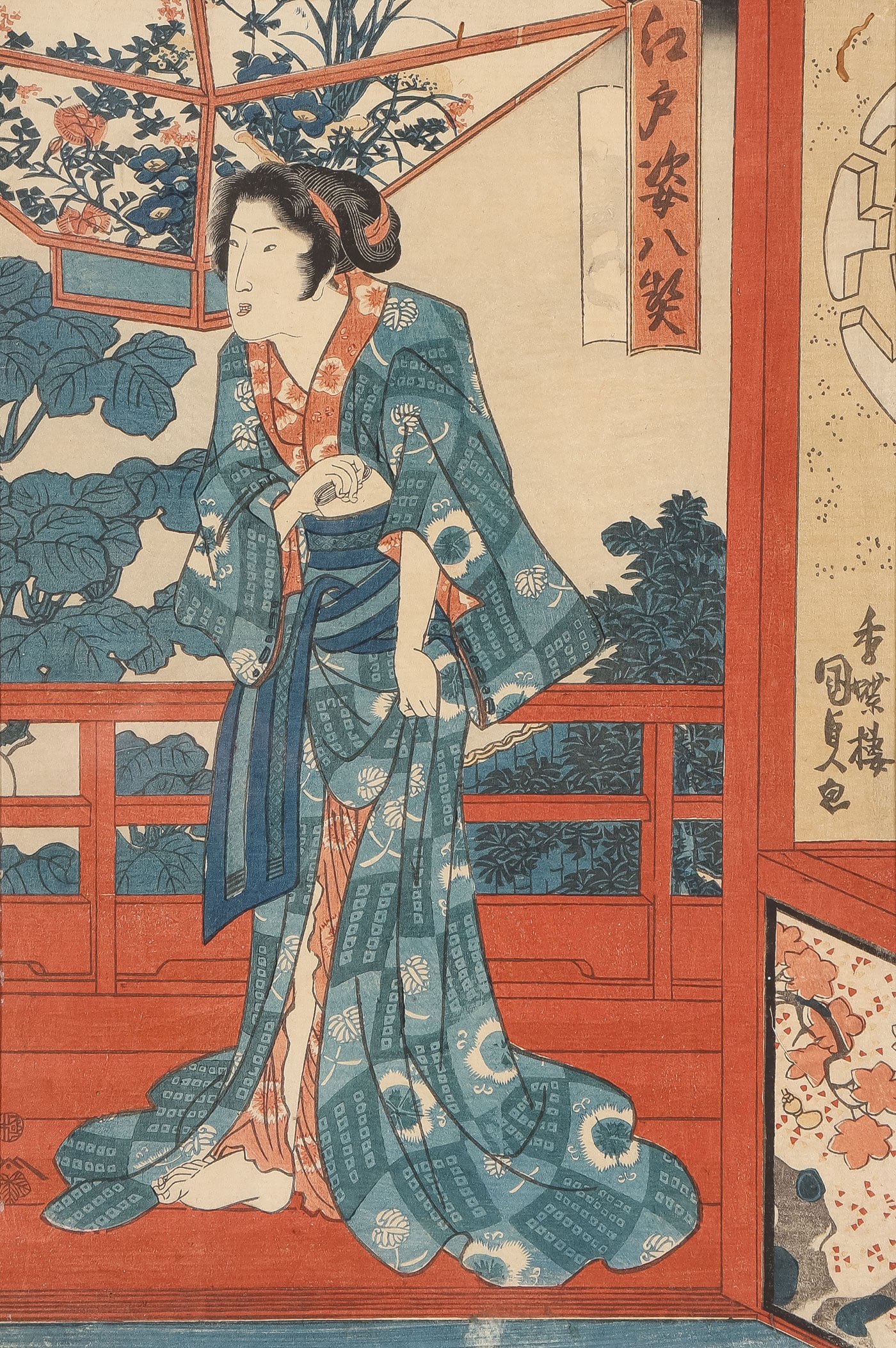 3 JAPANESE WOODBLOCK PRINTS: 3 JAPANESE WOODBLOCK PRINTS. Comprising two woodblock prints of geishas and one of an actor. Artists include Utagawa Kunisada (1786?1865) and Katsukawa Shunsh? (1726?1793). Each contained in a glazed 