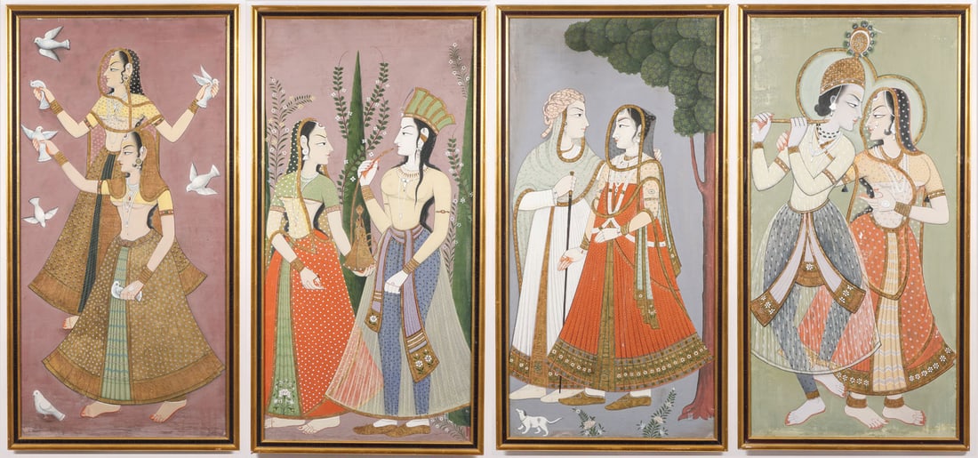 4 LARGE MUGHAL PAINTINGS: 4 LARGE MUGHAL PAINTINGS. Comprising a set of four Indian/Mughal paintings rendered in opaque watercolor, gouache, and gilt and depicting various images, as shown. Each in matching frame measuring 50.