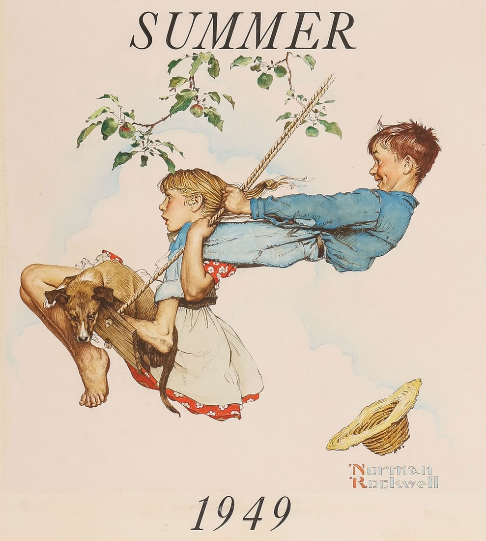 NORMAN ROCKWELL ORIGINAL PAINTING: Norman Rockwell (American 1894-1978) Young Love/Swinging - 1949 (From the Four Seasons series) Watercolor, ink and graphite on paper Signed lower right and SUMMER/1949 within the composition top