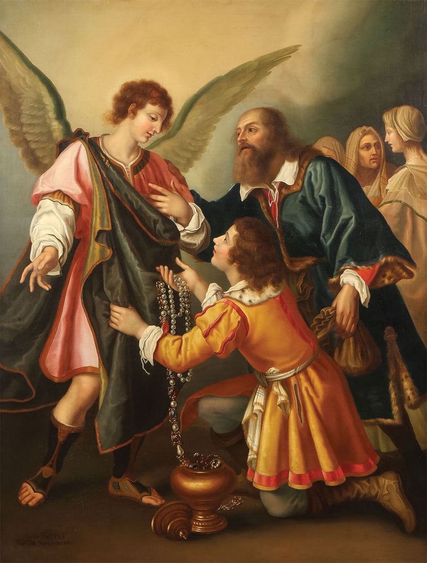EXCEPTIONAL OLD MASTER PAINTING: After Giovanni Bilivert (Italian 1585-1644) Tobias's Fairwell to the Angel Oil on canvas Signed by noted copyist Carlo Falcini (Italian 1793-1865) and dated 1849 lower left 58.5 x 45.5 inches (148.5