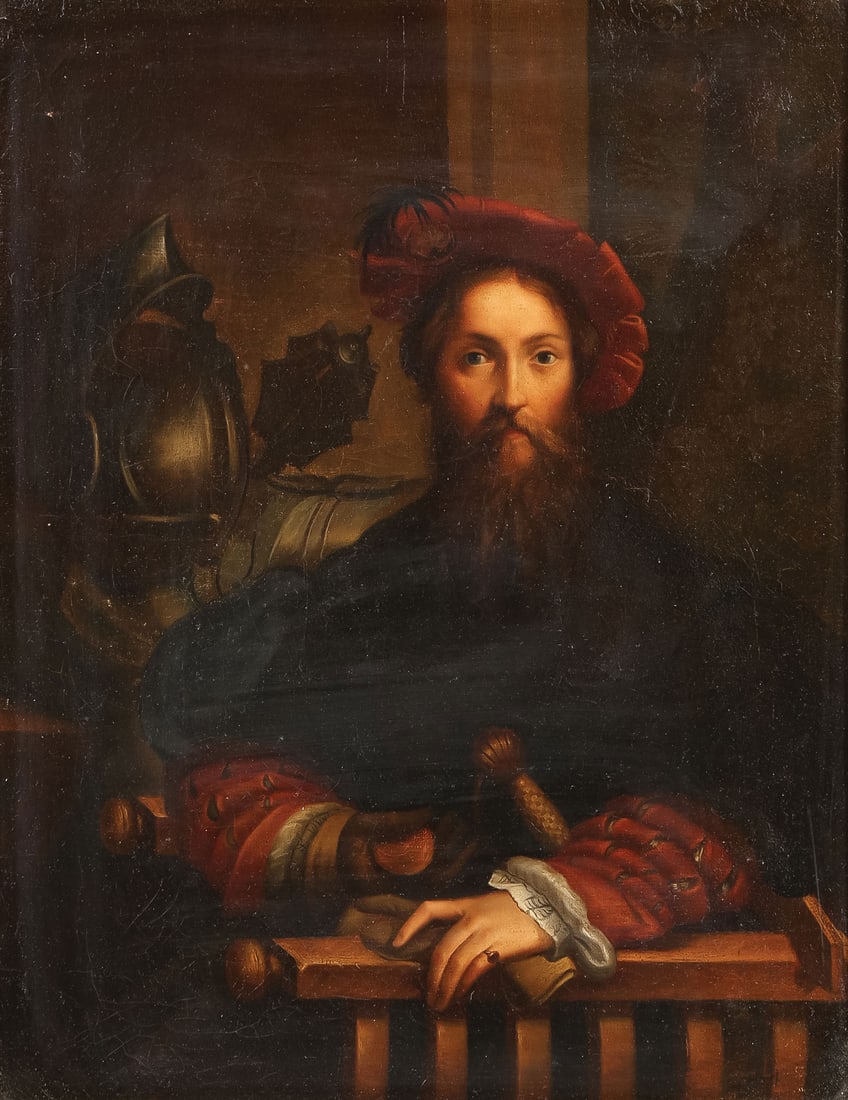 OLD MASTER OIL ON CANVAS: After Francesco (Parmigianino) Mazzola (Italian 1503-1540) Portrait of Galeazzo Sanvitale Oil on canvas Unsigned 19 x 15 inches (48.2 x 38.2cm). Overall, including frame, 28.5 x 24.75 inches (72 x 63c