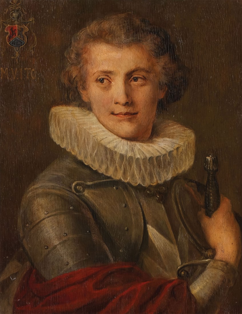 OIL ON OAK PANEL PAINTING: Sir Peter Paul Rubens (Flemish 1577-1640) Young Man in Armor with Sword Oil on oak wood panel Apparently unsigned, upper left with coat of arms 22.75 x 18 inches (58 x 45.5cm). Overall, including fram