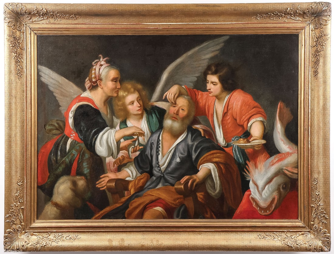 FINE LARGE OLD MASTER PAINTING: After Bernardo Strozzi (Italian 1581-1644) The Healing of Tobit -1670 Oil on canvas Dated 1670 lower left on dog's collar 34.5 x 49 inches (87.4 x 124.5cm). Overall, including frame, 45 x 59.5 inches