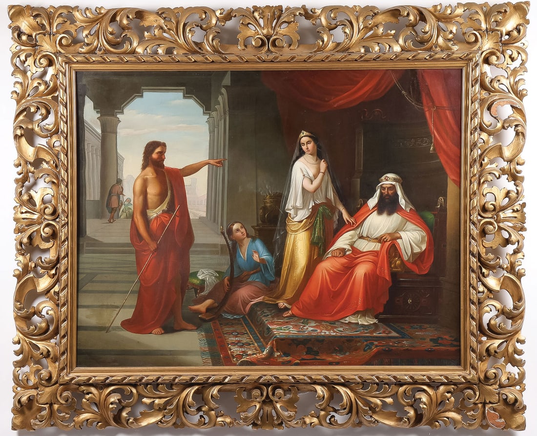 IMPRESSIVE 19TH C. ITALIAN PAINTING: After Giovanni Fatori (Italian 1825-1908) Saint John the Baptist Rebuking Herod ? circa 1875 Oil on canvas Apparently unsigned, verso with gallery label of "Ditta Giovanni Masini" Firenze 34.25 x