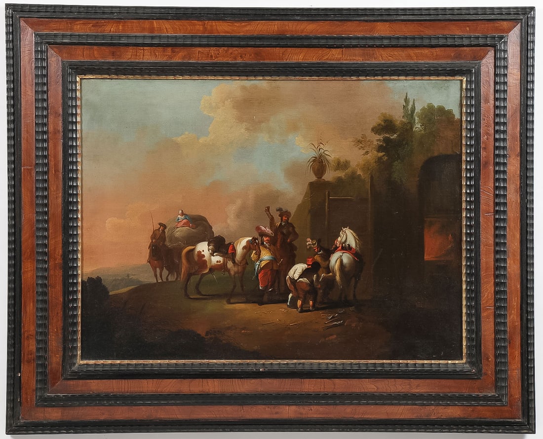 OLD MASTER PAINTING ATTRIBUTED TO MAES: Attributed to Dirck Maes (Dutch 1659 ? 1717) At the Blacksmiths Oil on canvas Apparently unsigned 17.75 x 24.25 inches (45 x 61.5cm). Overall including burl wood and ebonized wood frame 26.75 x 33 inc
