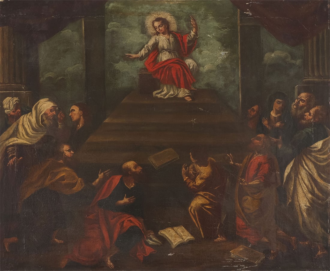 ITALIAN OLD MASTER, 17TH C: Neapolitan School (17th/18th Century) Christ Among the Doctors Oil on canvas Apparently unsigned 25.25 x 30.5 inches (64 x 77.5cm), unframed SHIPPING NOTICE: If you are not using the Live Auctioneers