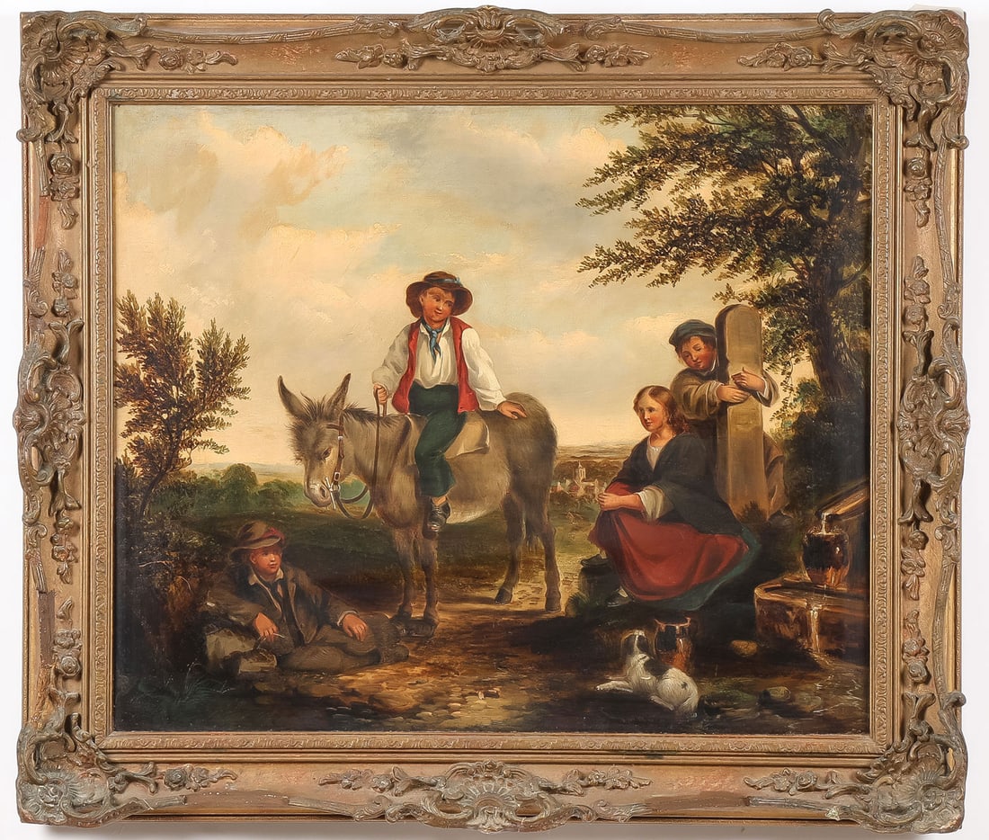 CHARMING WILLIAM SHAYER OIL PAINTING: Circle of William Shayer (British 1787-1879) Boy on a Donkey with a Gathering of Children and Dog Oil on canvas Apparently unsigned 19.75 x 24 inches (50 x 61cm). Overall, including frame, 25 x 29.25 