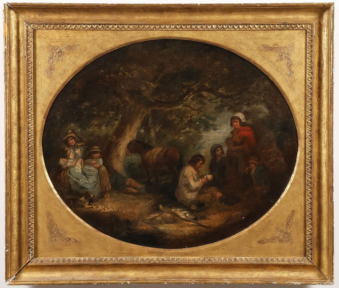 18TH CENTURY BRITISH PAINTING: Manner of George Morland (British 1763 - 1804) Travelers Resting in a Wooded Landscape Oil on canvas Bears signature and date lower right "G. Morland 1777" 25.25 x 30.25 inches (64.2 x 76.8cm).