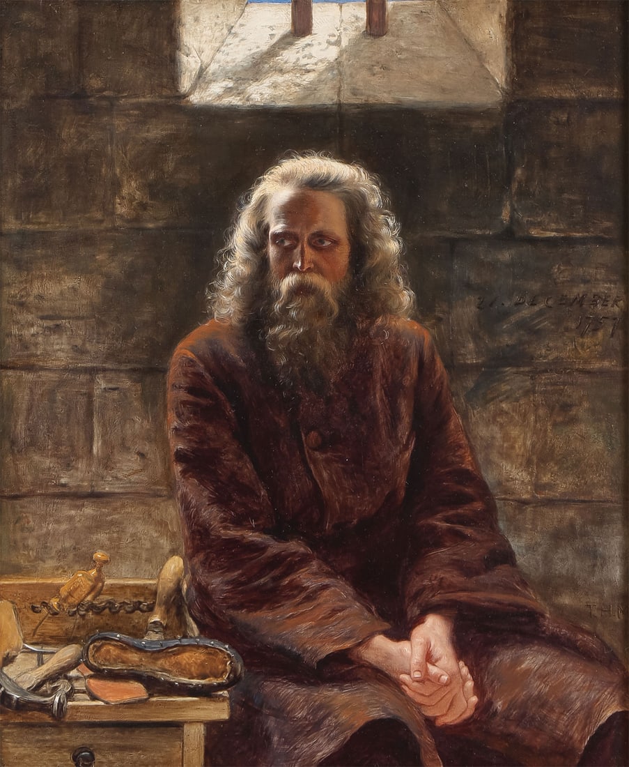 GREAT CHARLES DICKENS RELATED SIGNED PAINTING: Thomas Herbert Maguire (British 1821-1895) Dr. Manette in the Bastille - from Dicken's Tale of Two Cities Oil on oak wood panel Initialed lower right and at mid-right inscribed 21 December 1757