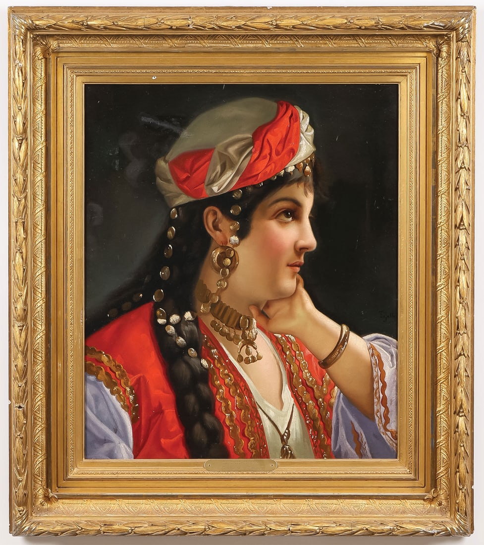 SIGNED PORTRAIT OF AN OTTAMAN WOMAN: Dominico Tojetti (American 1806-1892) Portrait of an Ottoman Woman ? circa 1870 Oil on canvas Signed mid right and verso with San Francisco art supplier stencil 24 x 20 inches (61 x 51cm). Overall,
