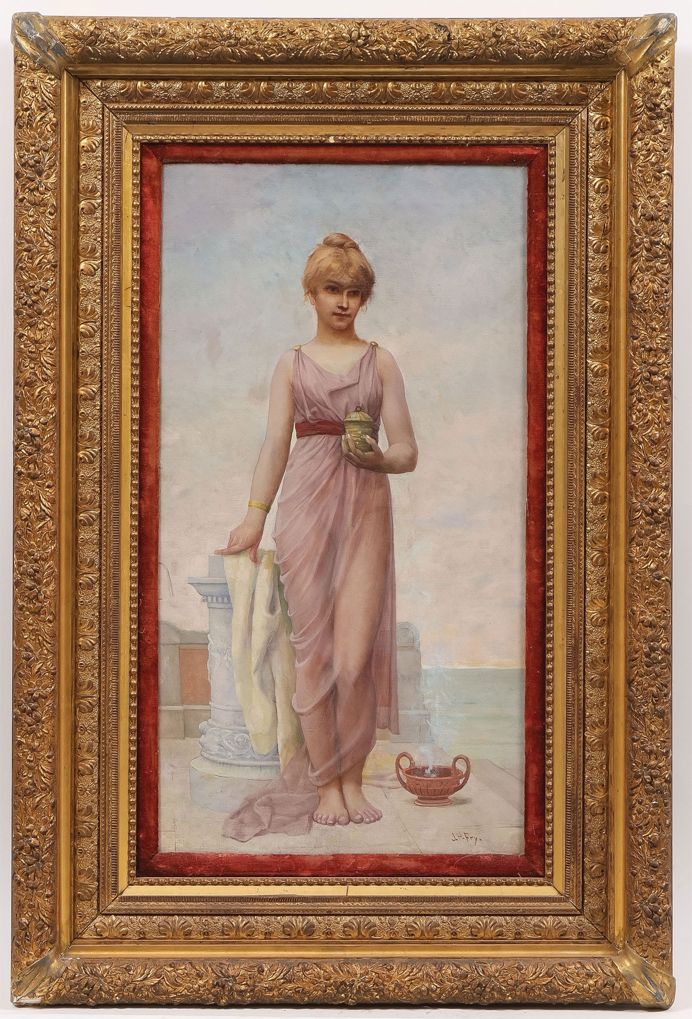 FINE CLASSICAL SIGNED PAINTING, C. 1890: John Hemmings Fry (American 1860-1946) A Temple Offering ? circa 1890 Oil on canvas Signed lower right 28 x 15 inches. Overall, including period gilt press molded frame, 39 x 26 inches John H