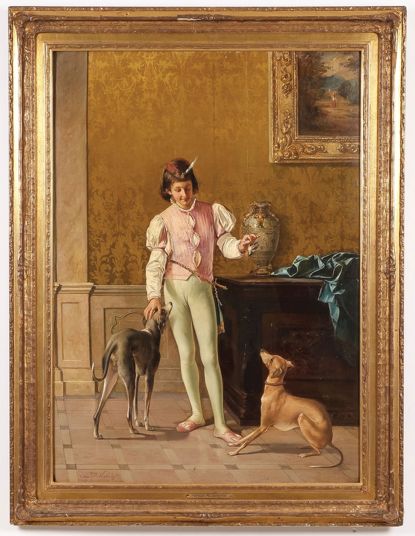 GREAT SIGNED ITALIAN PAINTING, 19TH C: Narciso Malatesta (Italian 1835-1896) Young Boy Holding a Bird with Dogs (Portrait of a Page) Oil on canvas Signed lower left, with engraved name plaque, and old titled (Portrait of a Page) paper labe