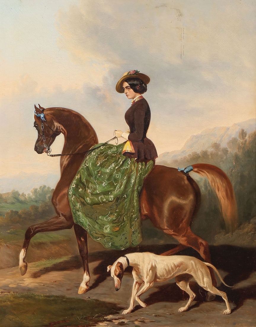 GOOD 19TH CENTURY EQUESTRIAN PAINTING, 1847: Circle of Alfred de Dreux (French 1810-1860) Portrait of a Woman on Horseback with Greyhound Oil on canvas Signed indistinguishably, lower left (perhaps L. De Brillouin) and dated 1847 28.75 x 23.25 i