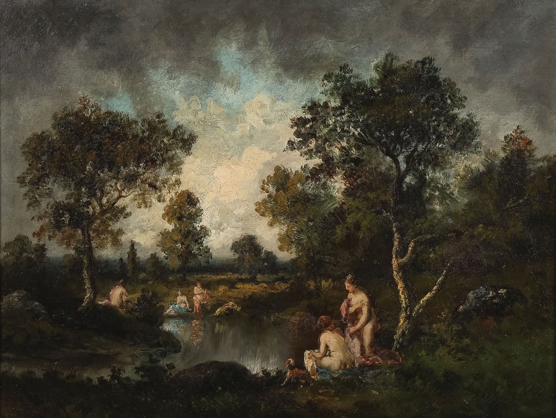 SIGNED & EXHIBITED DIAZ DE LA PENA OIL: Narcisse-Virgilio Diaz de la Pena (French 1807-1876) The Bathers Oil on canvas Signed lower left N. Diaz and frame with vintage engraved & titled plaque 15.5 x 20.5 inches (39.4 x 52.1cm). Overall, in