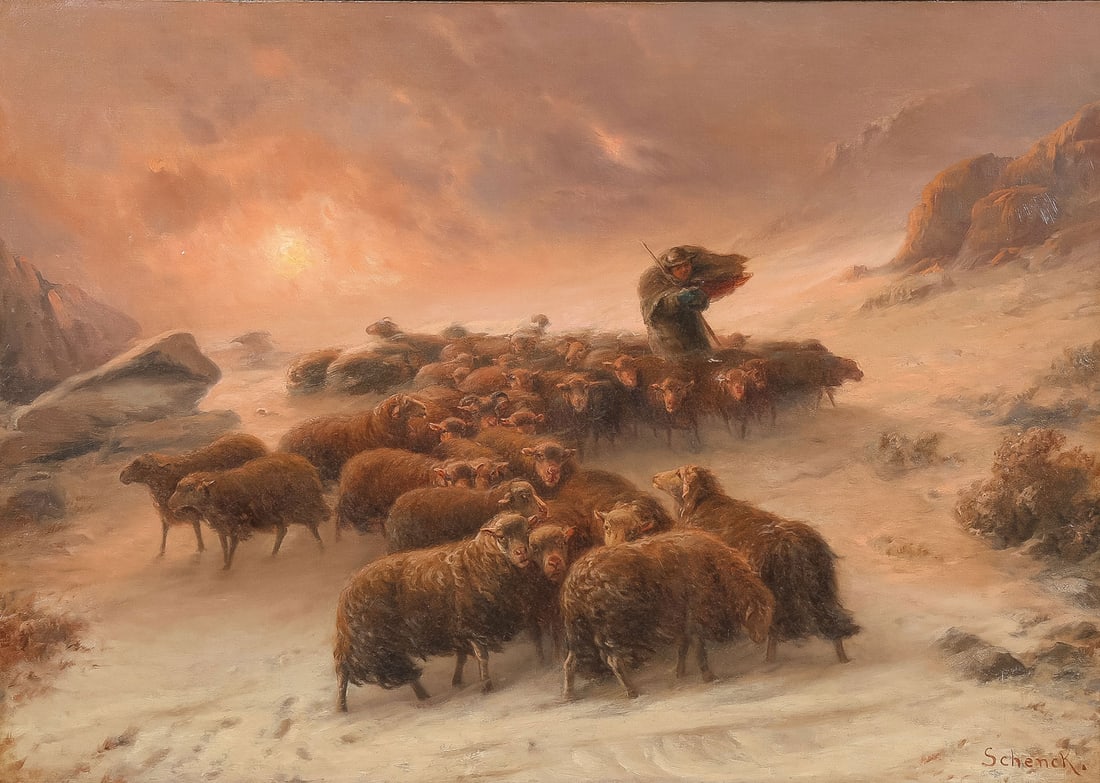 GREAT SIGNED AUGUST SCHENCK PAINTING: August Friedrich Albrecht Schenck (German 1828-1901) Shepherd with Flock in Snowstorm at Dusk Oil on canvas Signed lower right 18 x 25.75 inches (46.5 x 65.5cm). Overall, including frame, 31 x 38.5
