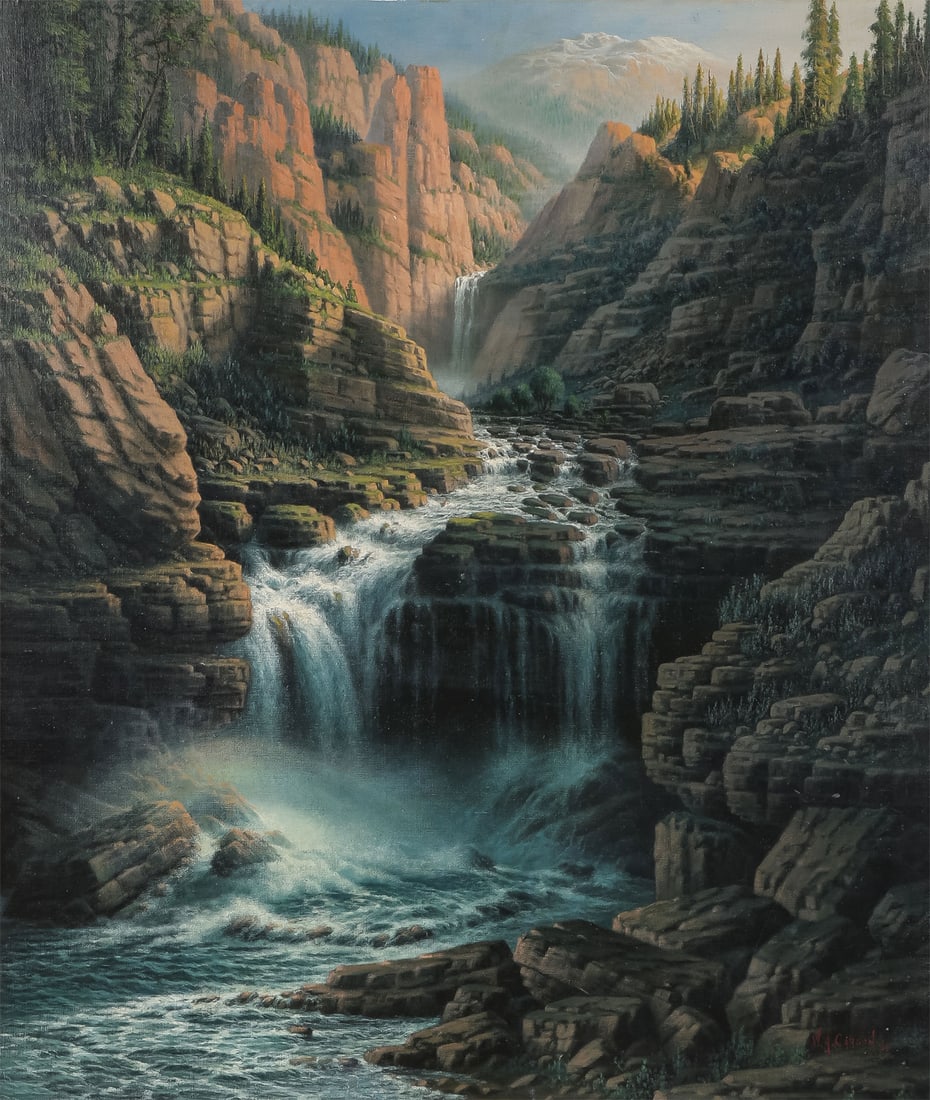 GREAT LARGE AMERICAN WATERFALL PAINTING, 1933: Willam A. Carson (American 1867 ? 1949) Waterfall in Rocky Mountain River Valley ? 1933 Oil on canvas laid down Signed and dated lower right 42 x 36 inches (107 x 92cm). Overall, including ornate