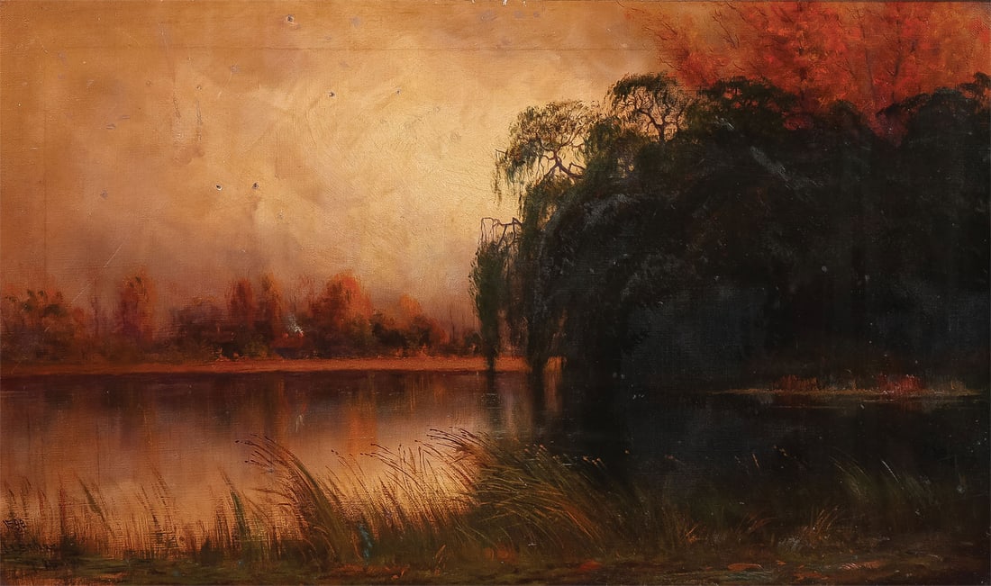 GOOD J.E. STUART CALIFORNIA PAINTING: James Everett Stuart (American 1852-1941)? Autumn Vista - The Lower Sacramento River, Cal. - 1910 Oil on canvas Signed and dated lower left J. E. Stuart, September 25, 1910, and with artist's