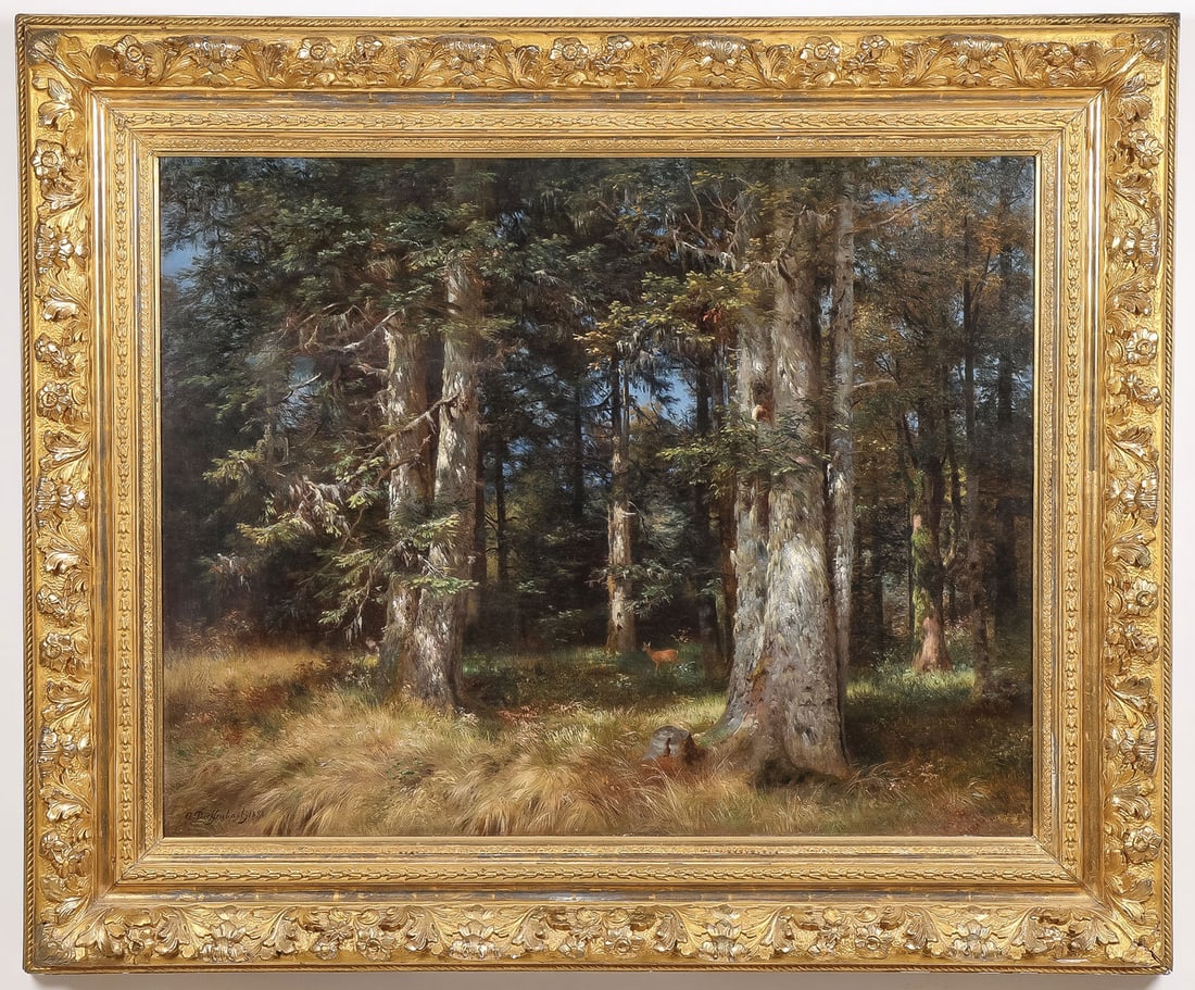 SIGNED GERMAN PAINTING, C. 1894: Anton Heinrich Dieffenbach (German 1831-1914) On the Edge of the Forest -1894 Oil on canvas Signed and dated 1894 lower left 25.25 x 32.25 inches (64 x 82cm). Overall, including ornate vintage gilt
