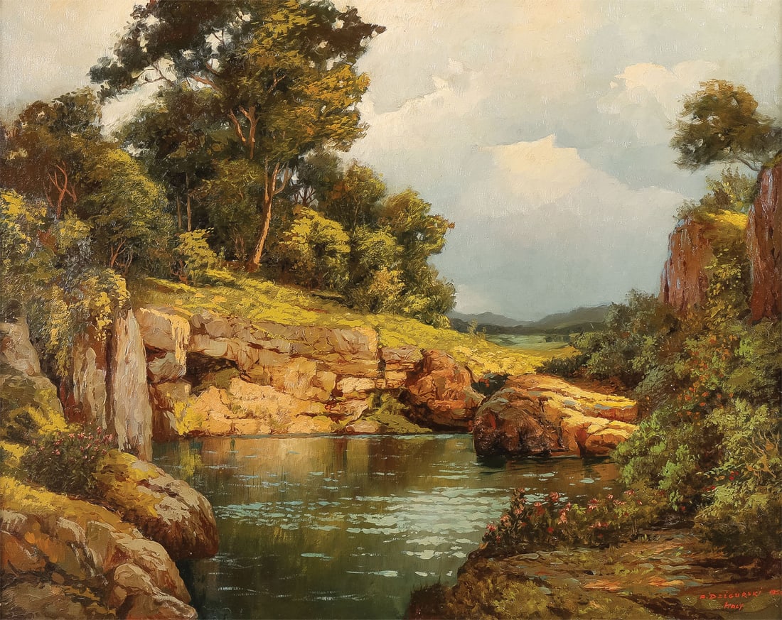 GOOD SIGNED ALEXANDER DZIGURSKI PAINTING: Alexander Dzigurski (Serbian/American 1911-1995) Quiet Waters -1950 Oil on canvas Signed lower right and dated 1950, Italy, further inscribed on stretcher Water and Land - Italy, Dzigurski 24 x 30.25