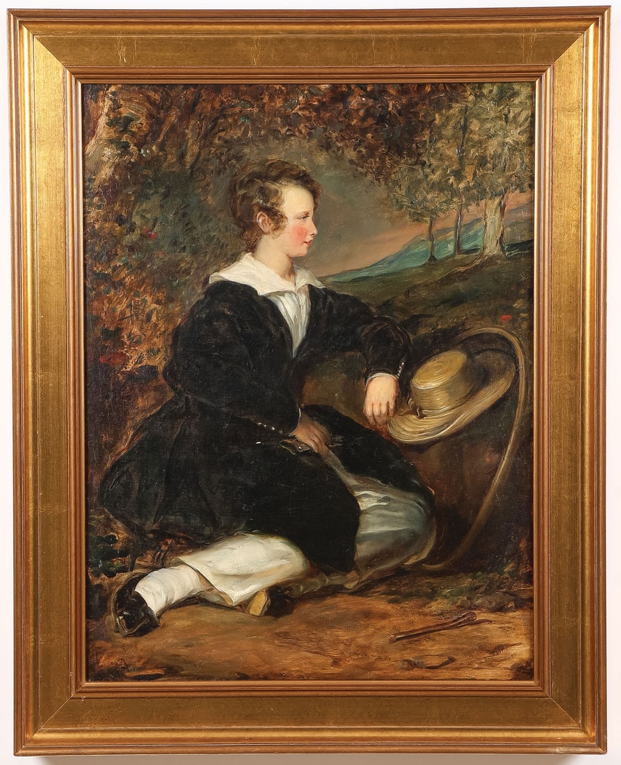 CHARMING BRITISH PAINTING, C. 1835: British School (19th century) Boy with Hoop and Stick Resting in Wooded Landscape - circa 1835 Oil on canvas Apparently unsigned 26 x 20 inches (66 x 51 cm). Overall, including frame, 31 x 24.75 inche