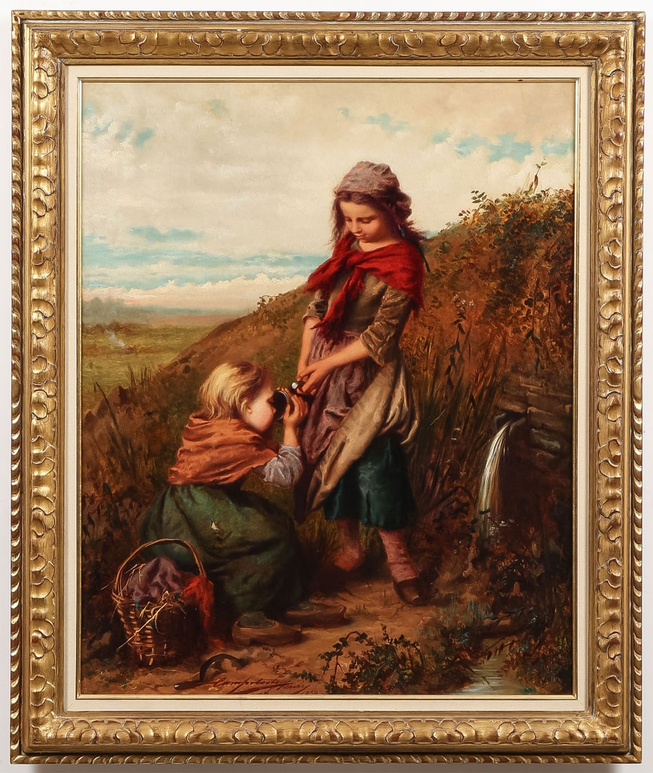 SIGNED OIL BY HENRY CAMPOTOSTO, 1859: Henry Campotosto (Belgium, 1833-1910) Two Girls at the Well Oil on panel Signed and dated 1859 lower left center 29.5 x 25 inches, overall including frame 34.5 x 29 inches SHIPPING NOTICE: If you are