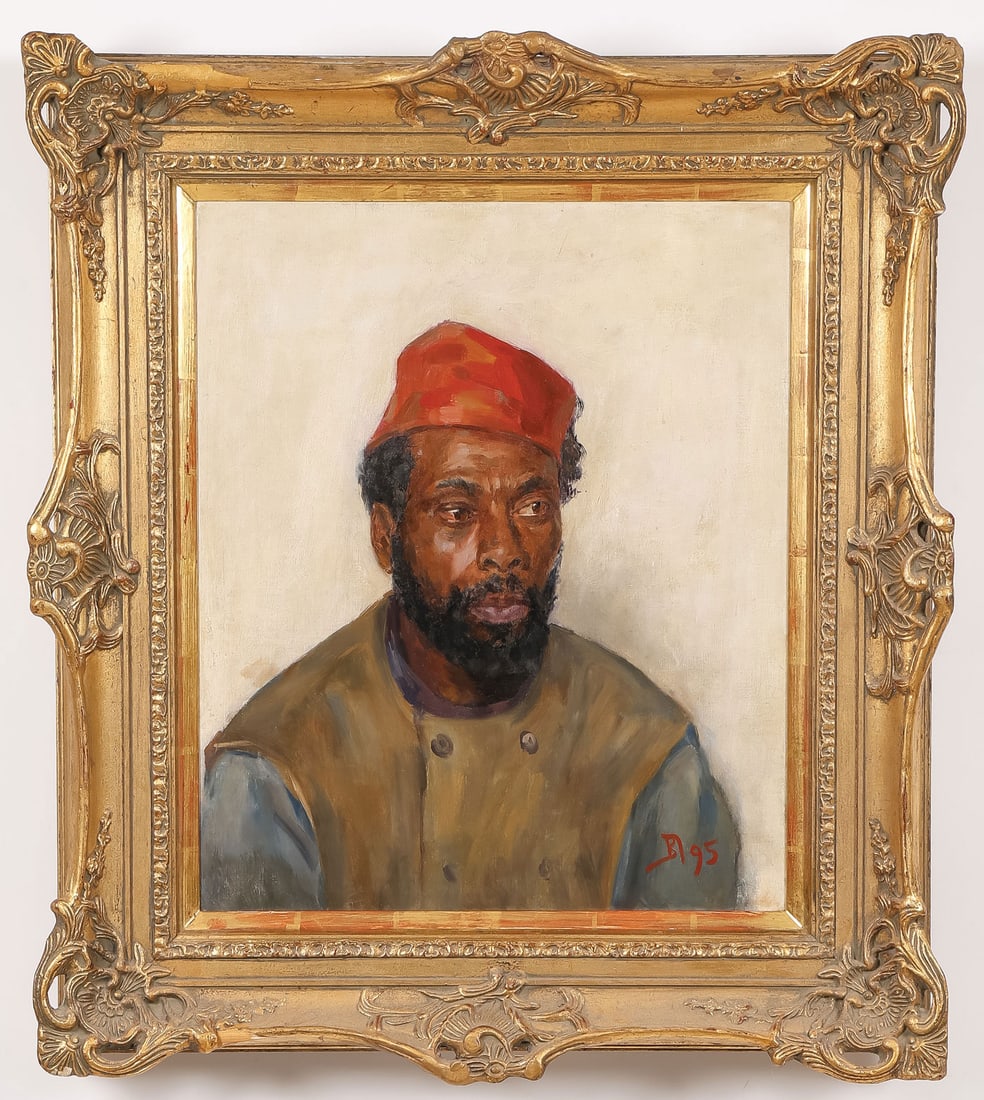 MONOGRAMED PORTRAIT DATED 1895: Continental School (19th Century) Portrait of Former Slave Pierre Louis Alexandre (1844 ? 1905) Oil on canvas Initialed B.L. and dated 95 lower right 21.5 x 18 inches (54.6 x 46cm). Overall, including