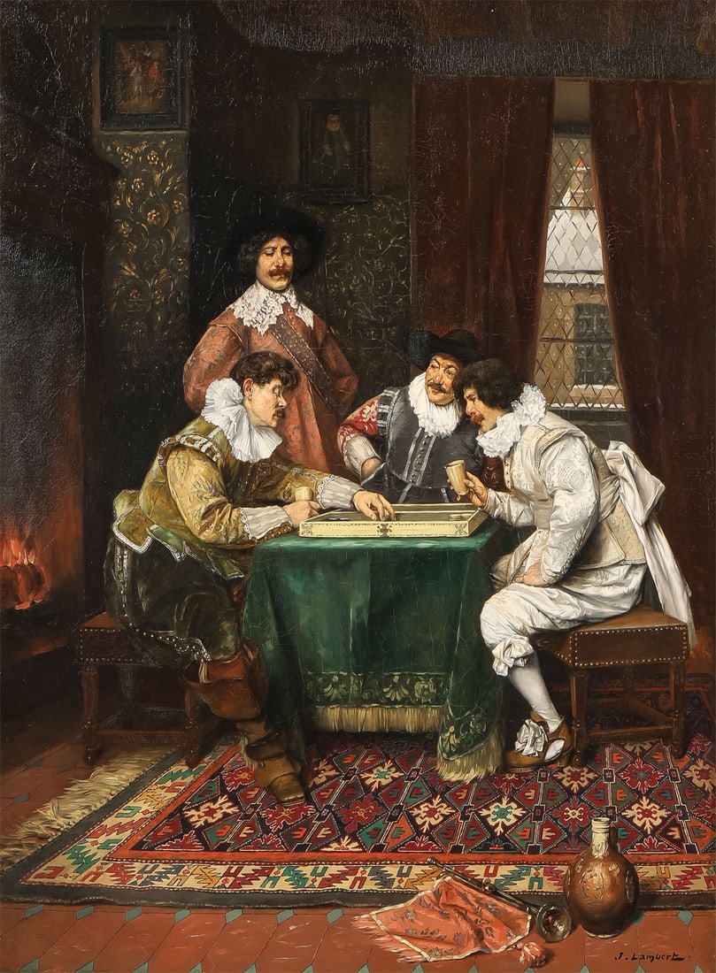 GREAT SIGNED FRENCH PAINTING, C. 1900: Jacques Henri Jean Lambert (French b.1877-) A Serious Game of Backgammon ? circa 1900 Oil on canvas Signed lower right 32 x 24 inches (81.5 x 61cm). Overall, including spectacular vintage gilt frame, 