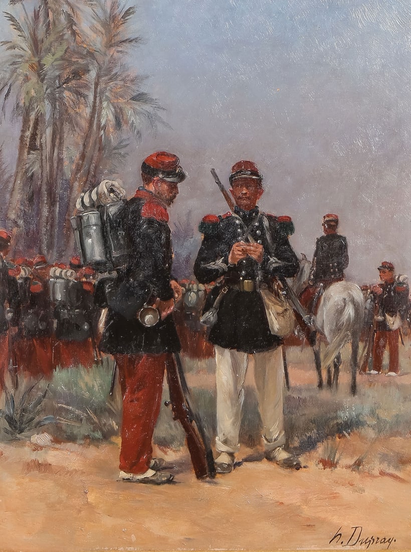 SIGNED FRENCH MILITARY PAINTING, C. 1880: Henry Louis Dupray (French 1841-1909) French Troops on Maneuvers Oil on wood panel Signed lower right 13 x 9.75 inches (33 x 25cm). Overall, including its likely original press molded gilt frame, 25