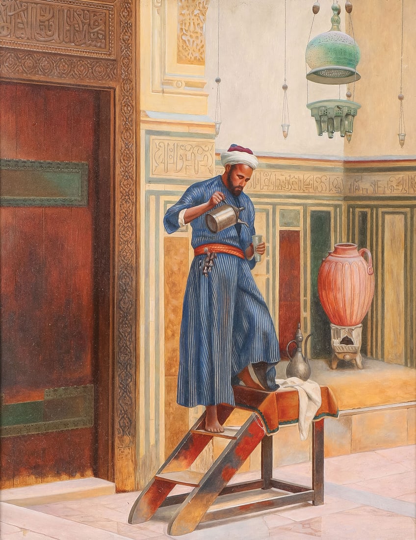 ORIENTALIST PAINTING: After Ludwig Deustsch (Austrian 1855 - 1935) The Lamp Lighter Oil on board Unsigned 20 x 16 inches (50.9 x 40.5cm). Overall, including frame, 24.75 x 20.25 inches (63 x 51.6cm) SHIPPING NOTICE: If