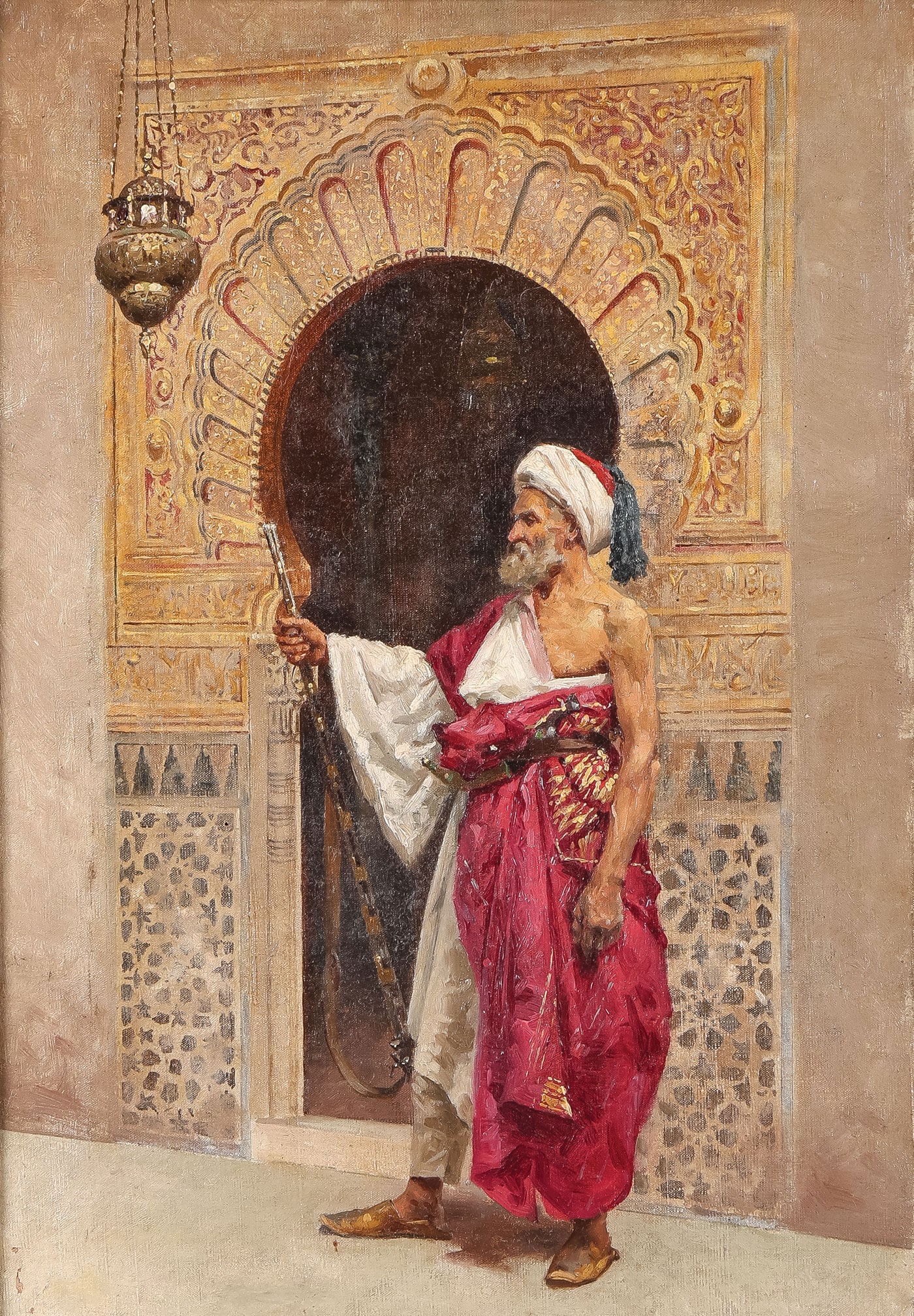 GREAT ARAB GENRE PAINTING, C. 1890: Circle of/attributed to Ludwig Hans Fisher (German 1948-1915) Guarding the Palace ? circa 1890 Oil on canvas Apparently unsigned 15.75 x 10 inches (40 x 25.5cm). Overall, including frame, 21 x 17.5