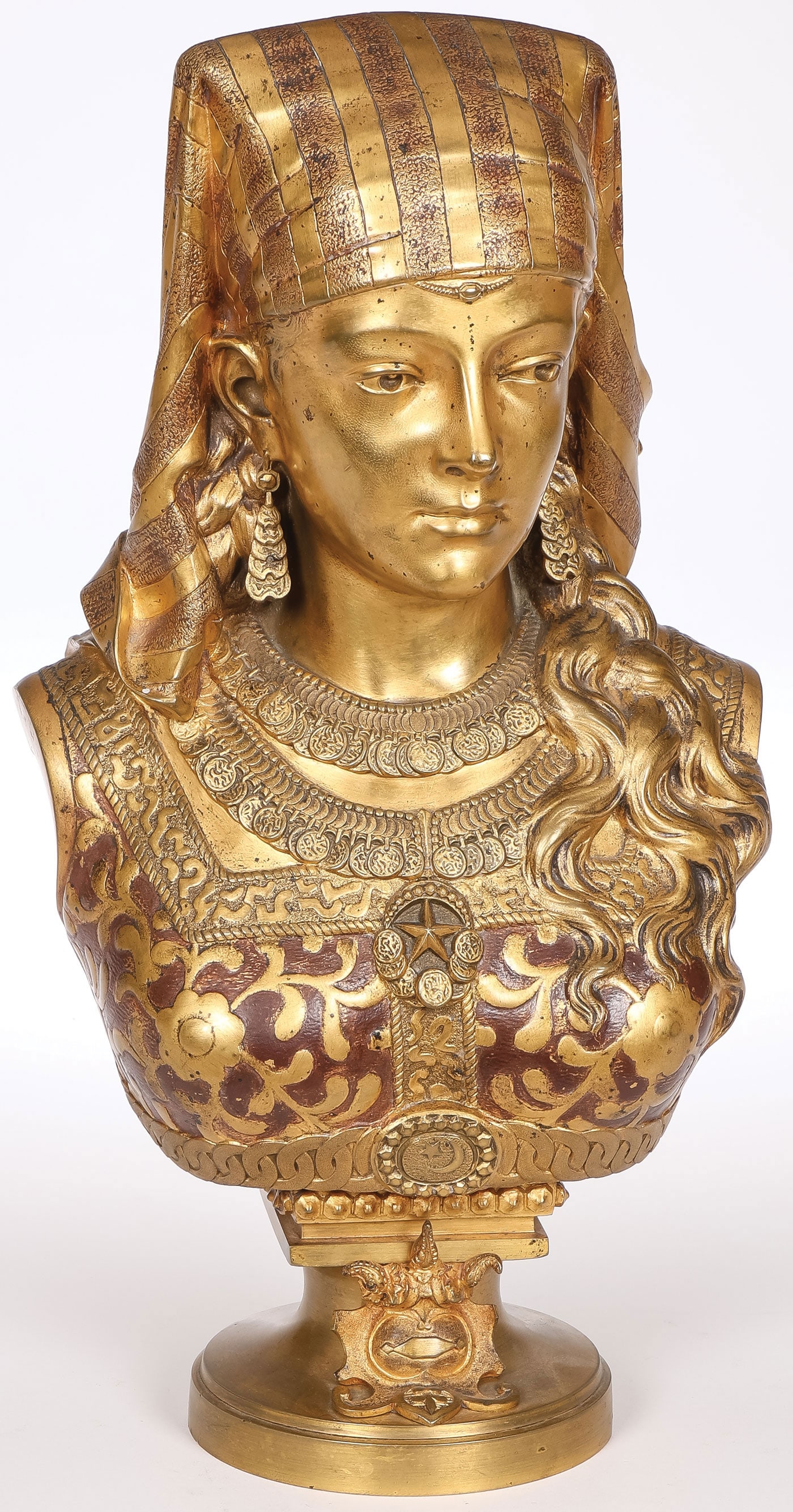 GREAT SIGNED FRENCH GILT BRONZE BUST, 19TH C: Zacharie Rimbez (French 19th/20th century) Bust of a North African Beauty-Saida Gilt and patinated bronze on integral socle base Signed on shoulder Z.RIMBEZ Height 14.75 inches (37.5cm) SHIPPING