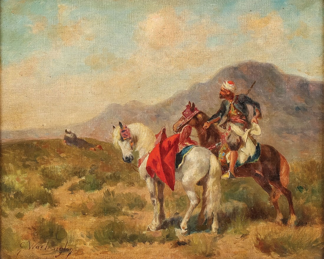 SIGNED FRENCH ARAB GENRE PAINTING, 19TH C: Attributed to Georges Washington (French 1827-1910) A Scouting Party Oil on canvas Signed lower left "G. Washington". Stretcher with Parisian artist supplier stencil of "Hardy-Alan" 8.75 x 10.75