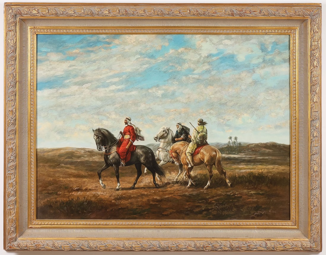 LARGE ARAB GENRE PAINTING: W. Larsen (19th/20th Century) A Lookout Party Oil on canvas Signed lower right W. Larsen 30 x 39.75 inches (76 x 101.2cm). Overall, including frame, 39.5 x 49.5 inches (99.6 x 125.2cm) SHIPPING
