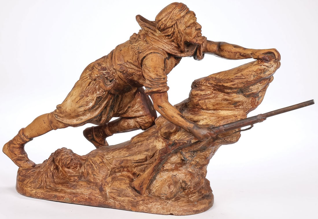 LARGE FRENCH TERRACOTTA ARAB SOLDIER: Emile Coriolan Hippolyte Guillemin (French 1841-1907) An Arab Warrior on Lookout Terracotta Signed on base Guillemin, and reduction mark Height 19 inches (48.2cm), width 31.5 inches (80cm) SHIPPING